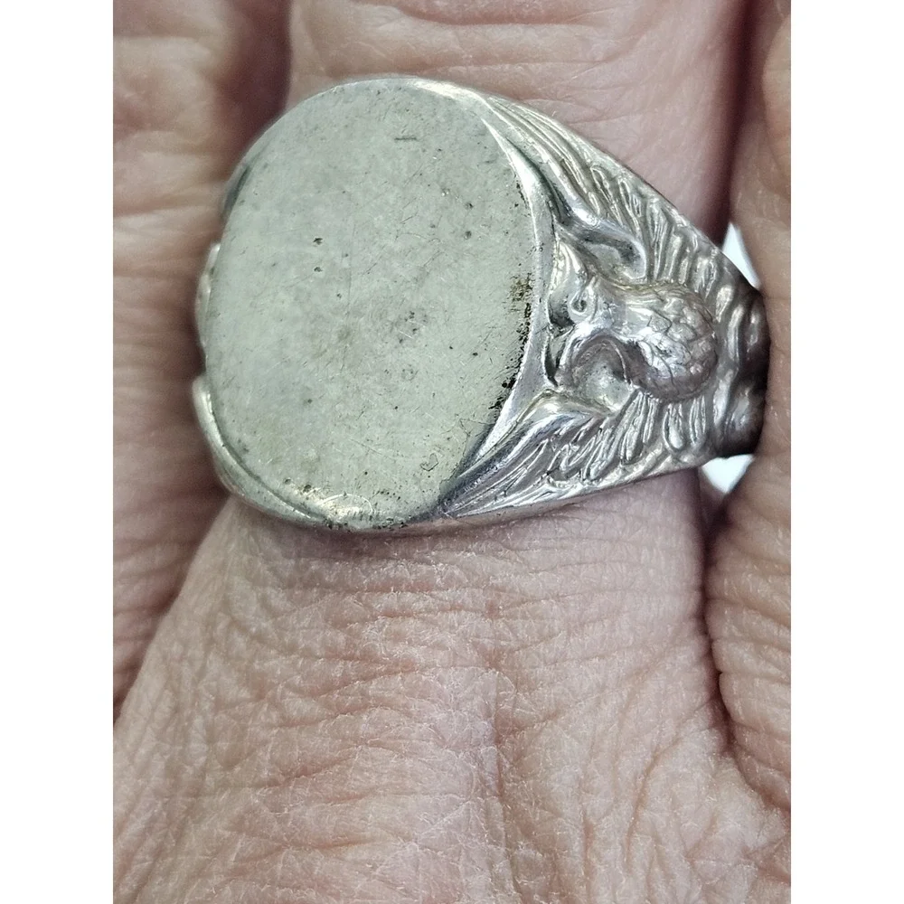 Vintage 925 Sterling Silver Signet Ring 3D Bald Eagles Patriotic Mens 9.5